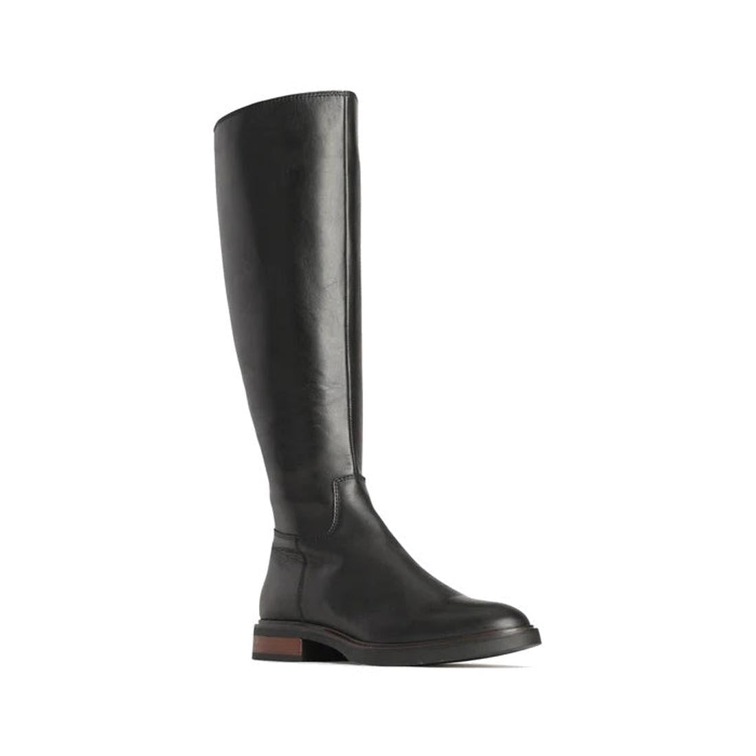 The EOS Blanche Women's Black Leather High Boot features a low heel and a brown-accented sole, showcasing classic style against a plain white background., 9321191187808, 9321191187815, 9321191187822, 9321191187839, 9321191187846, 50595