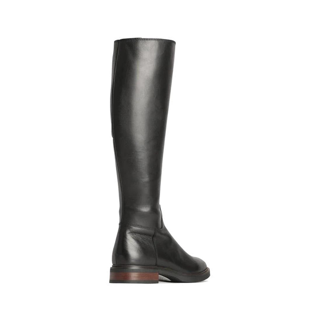 The EOS Wyoming Black High Leather Women’s Heeled Boot features a tall, black leather design inspired by classic saddled boots, with a low brown stacked heel, displayed in a side view against a white background., 9321191201733, 9321191201740, 932119120175