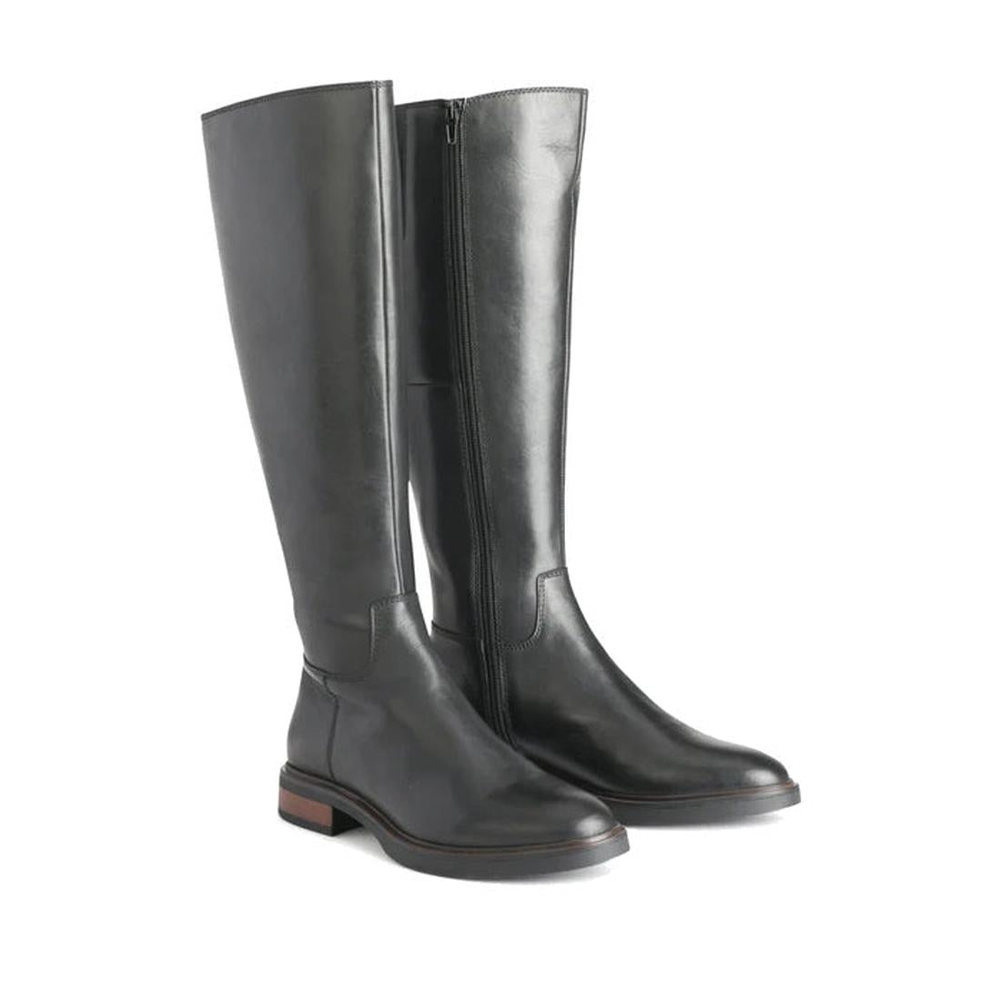 The EOS Wyoming Black High Leather Women’s Heeled Boot stands upright on a white background, featuring classic saddle styling, polished black leather, a subtle stacked heel, and convenient side zippers., 9321191201733, 9321191201740, 9321191201757, 932119