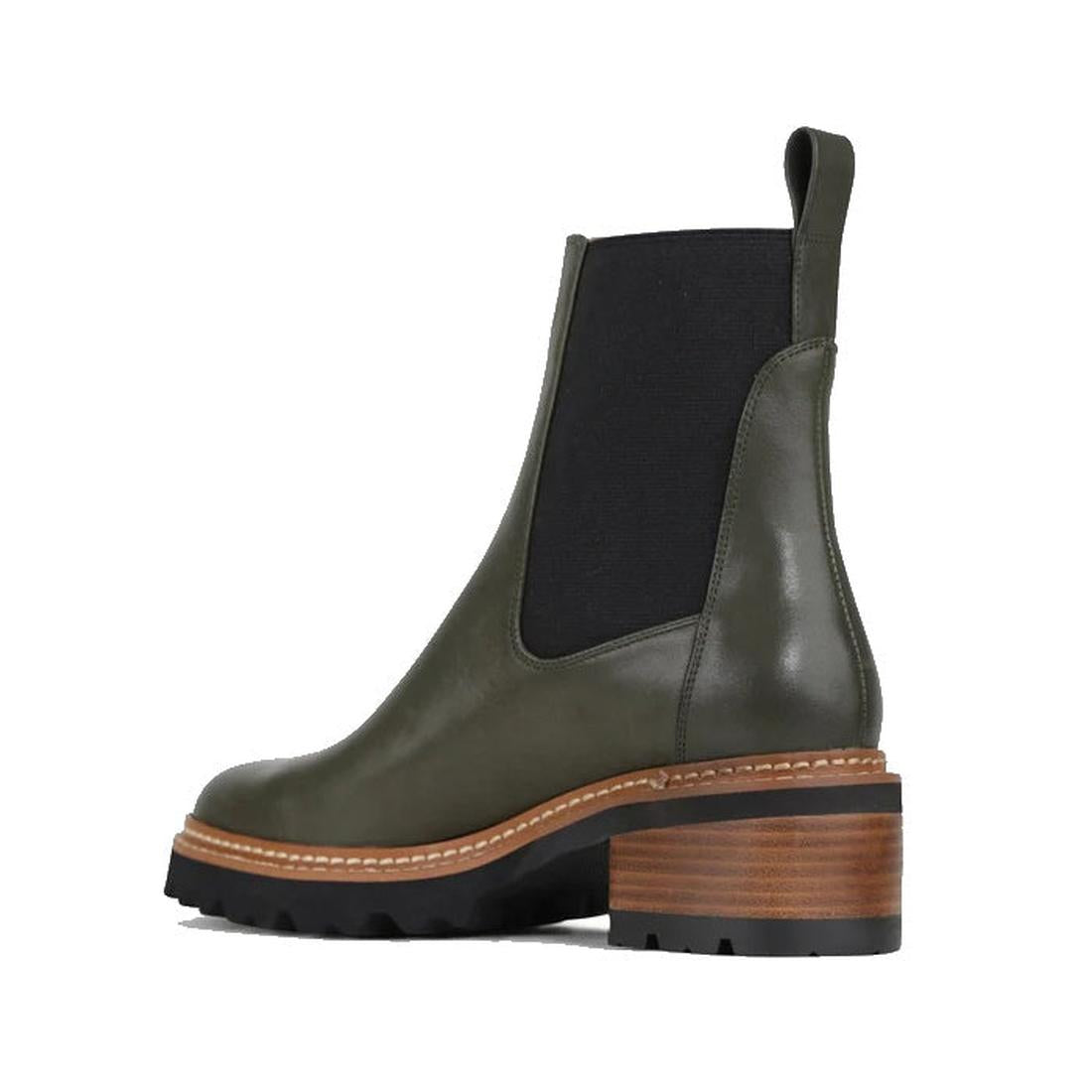 EOS Linear women’s boot in olive leather with side gussets, block heel, and lugged sole. Side View of Right Foot taken from heel showing detailing on inside of the leg., 9321191079158, 9321191079165, 9321191079172, 9321191079189, 9321191079196, 9321191079