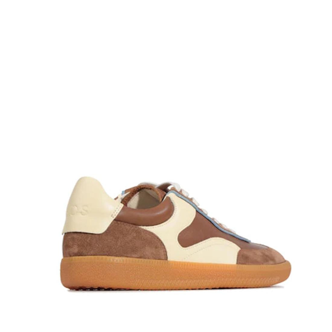 The EOS Antigona Pecan Leather Lace Up Trainer is a low-top sneaker with cream, brown, and tan suede and leather panels, white laces, a cushioned footbed, and a light brown rubber sole, shown side view on a white background., 50069, 9321190000733, 9321190
