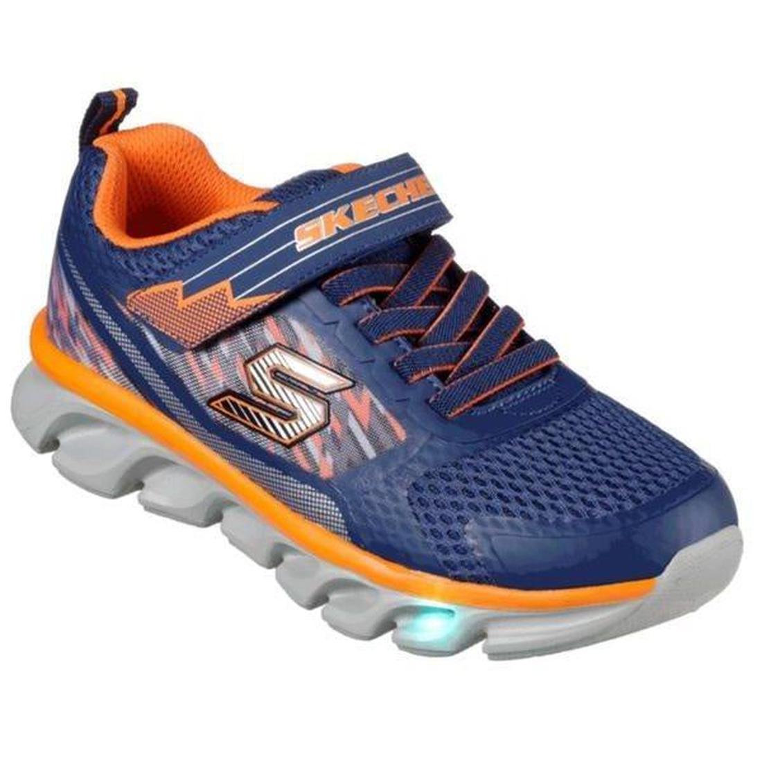 Skechers Boys Hypno Flash Tremblers Navy Light Ups Toddlers are navy shoes with a mesh upper, Velcro strap, elastic laces, and light-up front.  ksnz