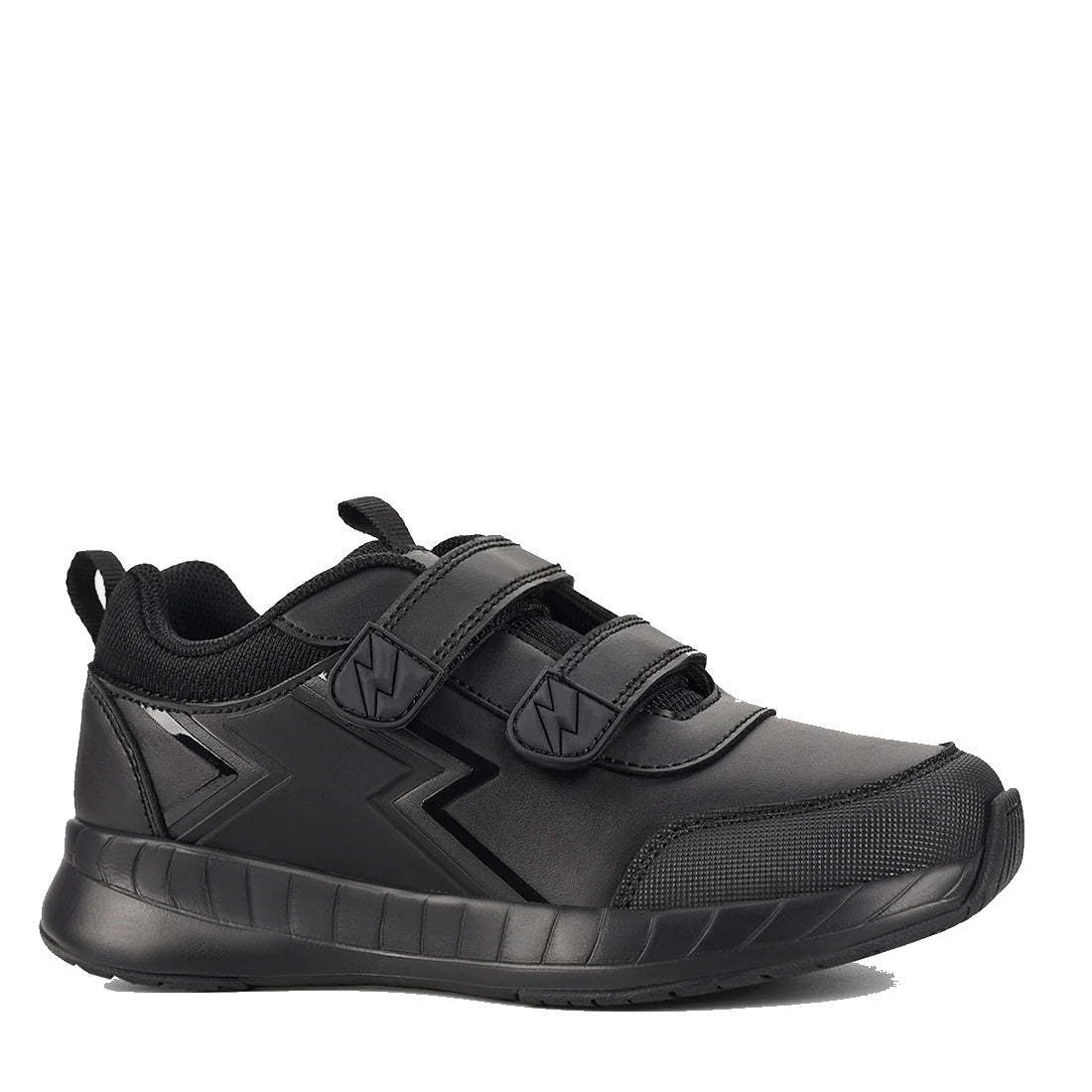 The Harrison Heat Black School Trainer features a scuff-resistant leather upper, two hook-and-loop Velcro straps, a black zigzag side design, heel pull tab, and a thick textured sole.