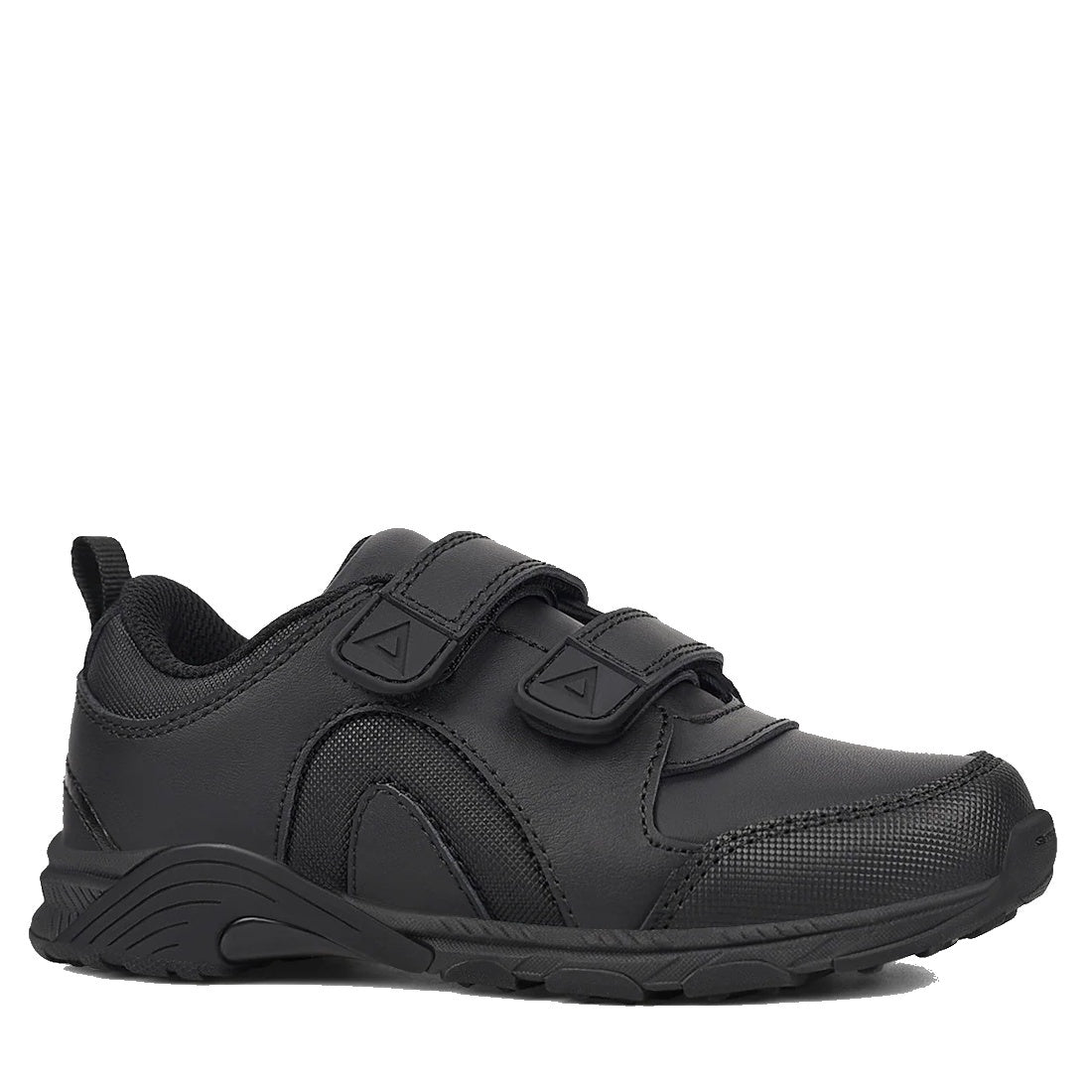 The Harrison Neo Black School Trainer features a textured sole and two hook-and-loop velcro straps, shown side profile on a white background—perfect for those seeking comfortable black school sports shoes.