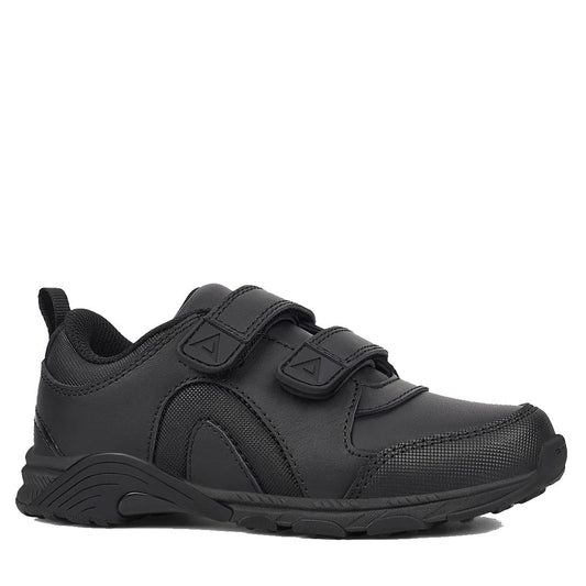 The Harrison Neo Black School Trainer features a textured sole and two hook-and-loop velcro straps, shown side profile on a white background—perfect for those seeking comfortable black school sports shoes.