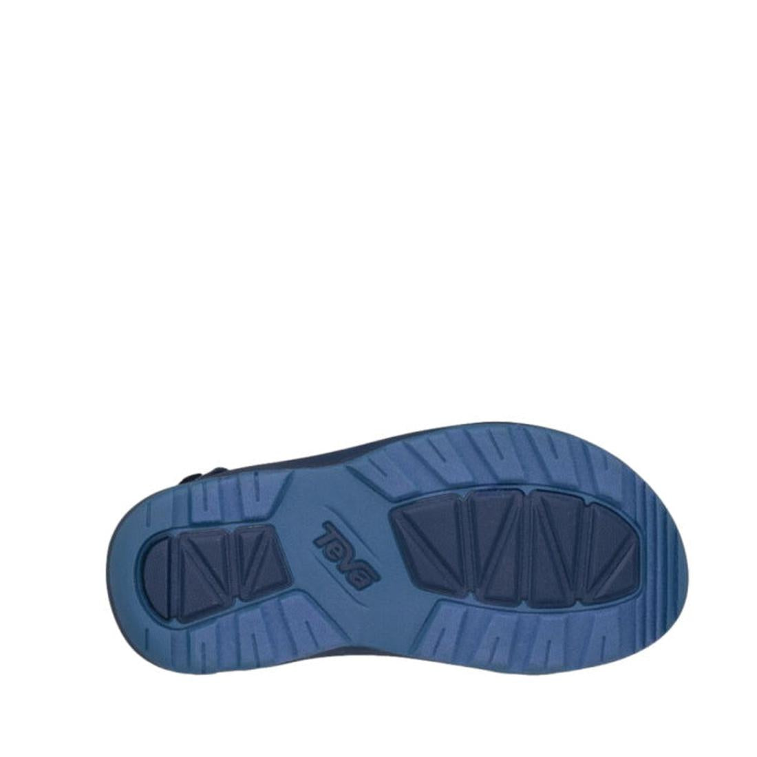 The image shows the blue sole of the Teva Kids K Hurricane XLT2 Kishi Dark Blue sandal, with the Teva logo in the center and durable, recycled material featuring geometric treads for grip and support., 192410699667, 192410699674, 192410699681, 19241069963, 192410699636, 192410699643, 192410699650, 192410700707, 192410700745, 192410700752, 192410700769