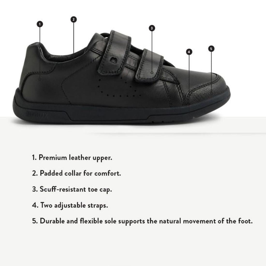 The Bobux Kid+ Jacks Black School Leather Shoe Sneaker for kids features two adjustable straps, a premium leather upper, padded collar, scuff-resistant toe cap, and a flexible, durable sole for natural movement., 9420074842299, 9420074842305, 942007484231