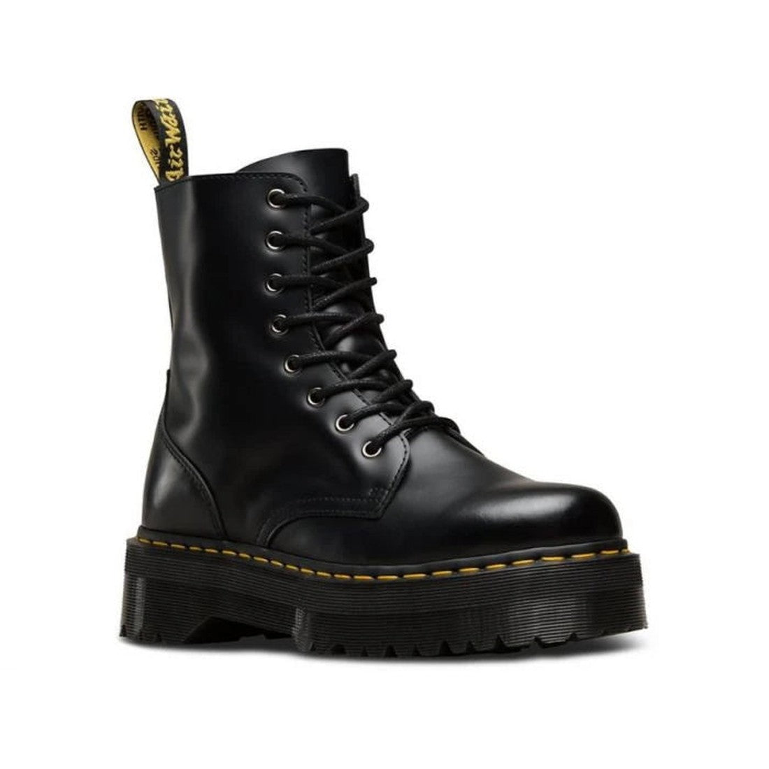 Image of right foot, side on of Dr Martens - Jadon Polished Smooth Boot 8 up platform -Foot Forward Shoes