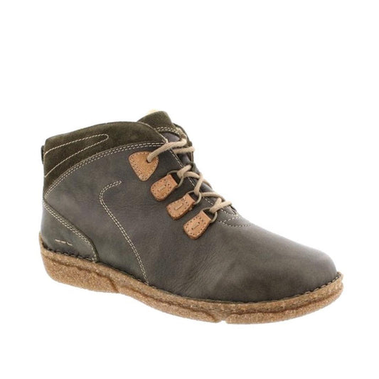 The Josef Seibel Neele 57 Women's Leather Ankle Boot Zip in Wild Kombi Moss Green features premium dark green leather, tan stitching, tan lace hooks, light brown laces, a textured brown sole, and a removable footbed on a white background.