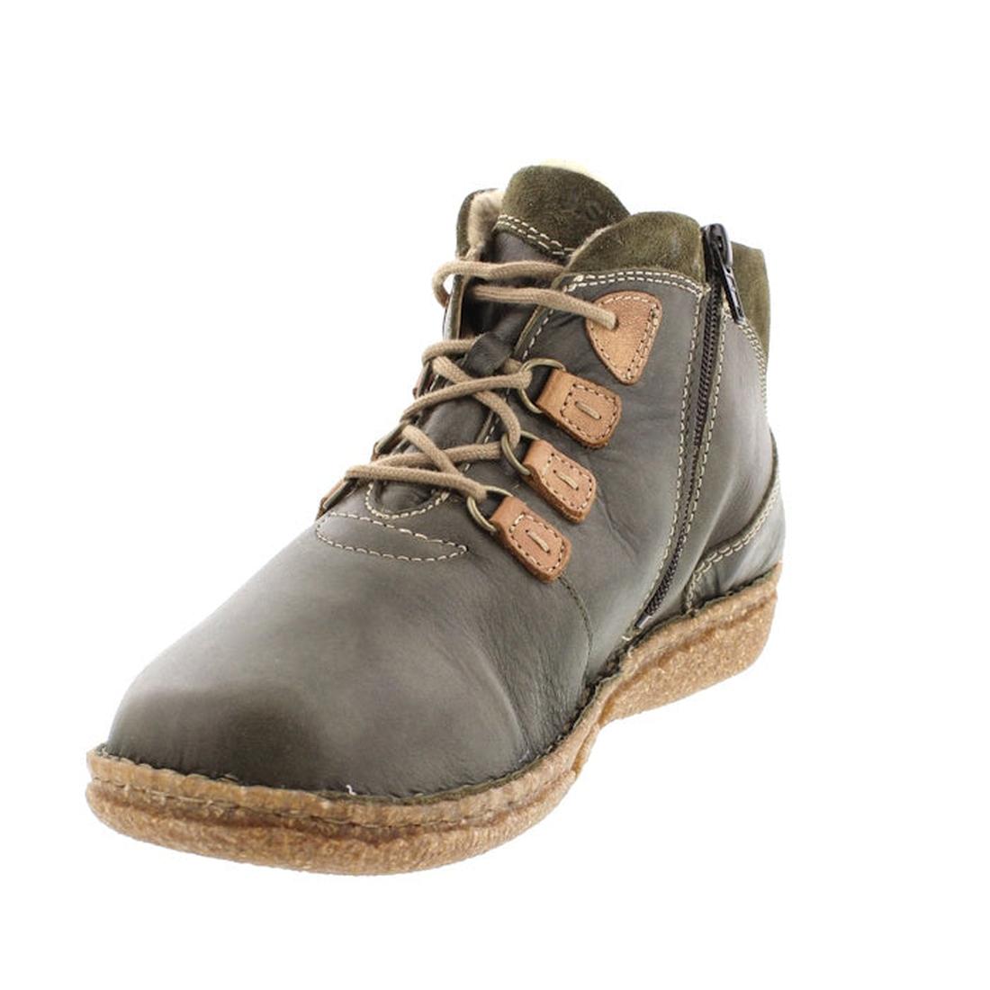 The Josef Seibel Neele 57 Women's Leather Ankle Boot in Wild Kombi Moss Green features olive-green leather, tan laces, three brown lace hooks, a side zipper, visible stitching, removable footbed, and a textured tan rubber sole. Shown on white background.,