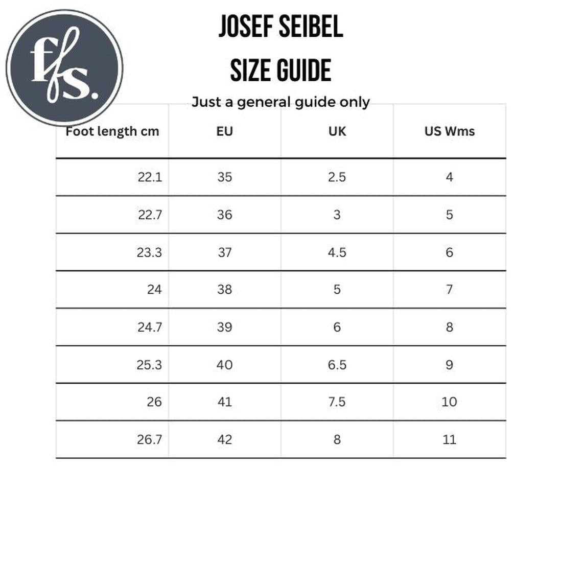 Josef Seibel Neele 57 Women's Leather Ankle Boot Zip Ocean Blue size guide: charts foot length in cm (22.1–26.7) with EU, UK, US women’s sizes. Title: Just a general guide only—great for comfy boots with removable footbed and daily wear., 4062838400144, 4, 4062838400151, 4062838400168, 4062838400182, 4062838400199