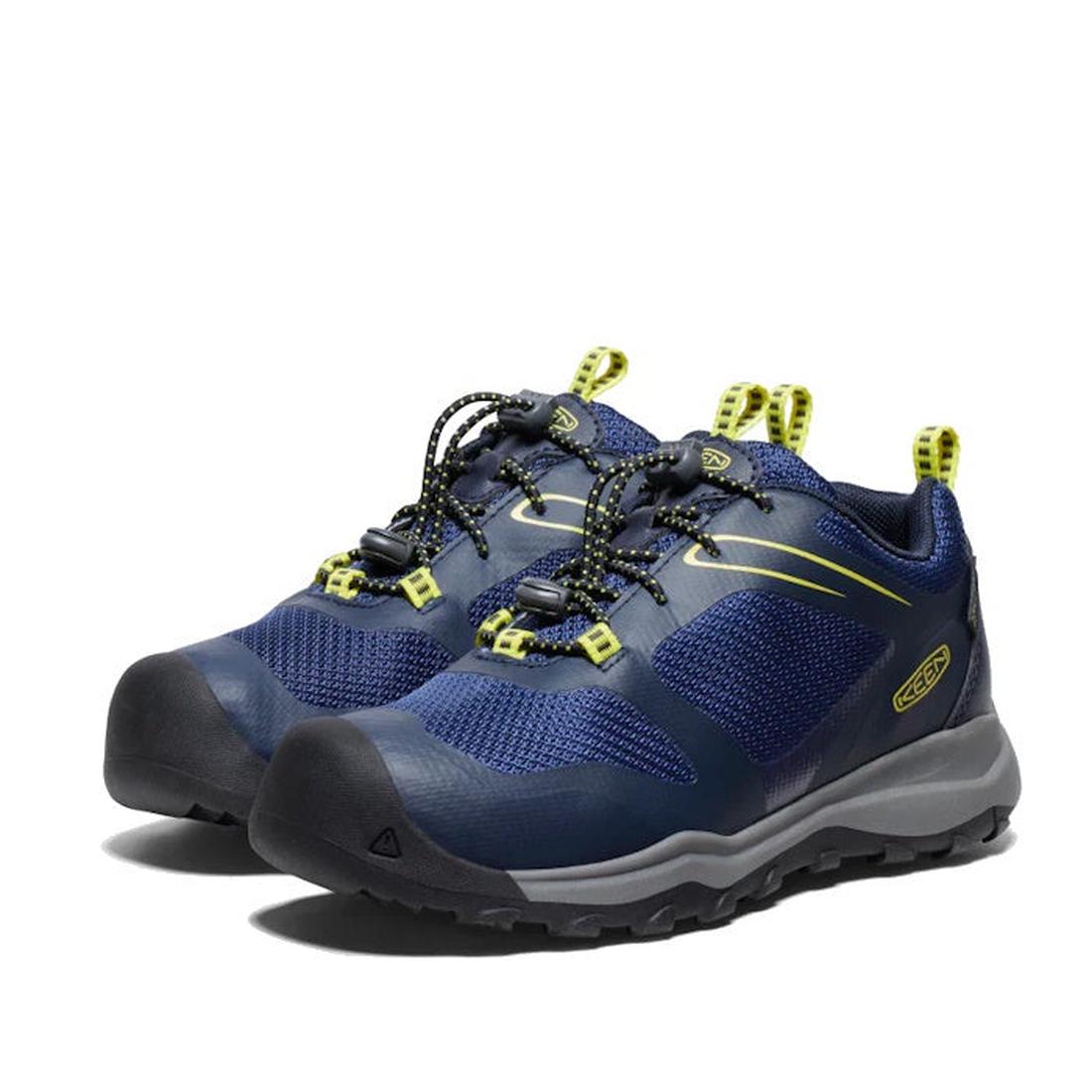 Keen Youths Wanduro Low Waterproof Blue Hiker shoes with black, yellow details, secure toggle closure and sturdy textured soles on white.  ksnz