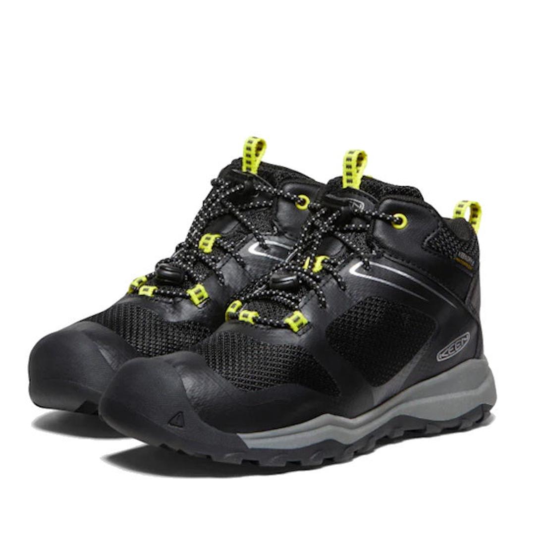 Keen Youths Wanduro Mid Waterproof Boot, black with gray/yellow details, grippy rugged sole, mesh for breathability, secure lace closure.  ksnz
