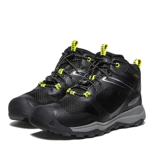 Keen Youths Wanduro Mid Waterproof Boot, black with gray/yellow details, grippy rugged sole, mesh for breathability, secure lace closure.  ksnz