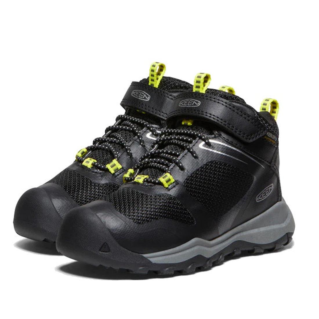 Keen Childs Wanduro Mid Waterproof Boot in black, with yellow accents, mesh sides, grippy soles, and easy hook-and-loop straps.  ksnz
