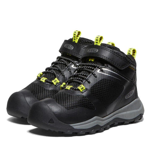 Keen Childs Wanduro Mid Waterproof Boot in black, with yellow accents, mesh sides, grippy soles, and easy hook-and-loop straps.  ksnz