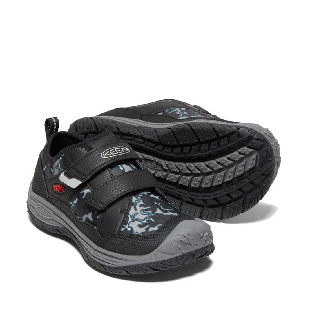 Keen Kids Speed Hound Black Camo Trainer—black and gray sneaker with two easy Velcro straps, sturdy tread soles, and toe guard.  ksnz