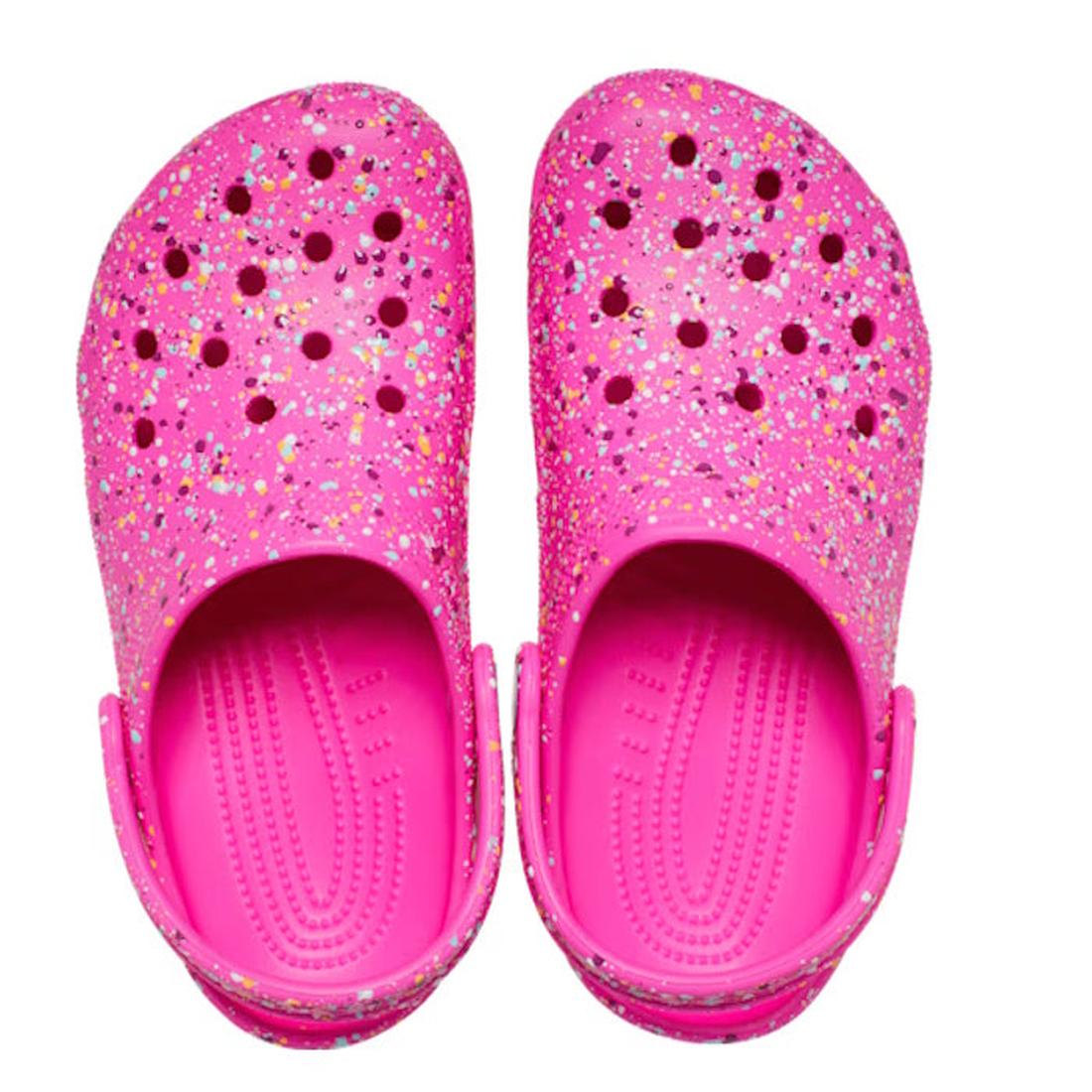 The Crocs Kids - Toddlers Classic Clog K Paint Splatter Print Bright Pink Multi features ventilation holes and a lively paint splatter design, adding lightweight comfort and playful style to your toddler's outfits., 198445214196, 198445214202, 19844521421