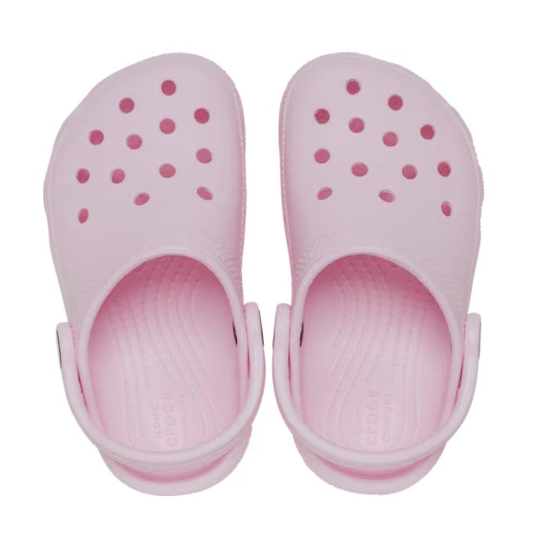 Top down view of a pair of pink toddlers Crocs sandals clogs with white soles on a white background.,
198445102905,
198445102912,
198445102929,
198445102936,
198445102875,, 46497, 198445102905, 198445102912, 198445102929, 198445102936, 198445102875