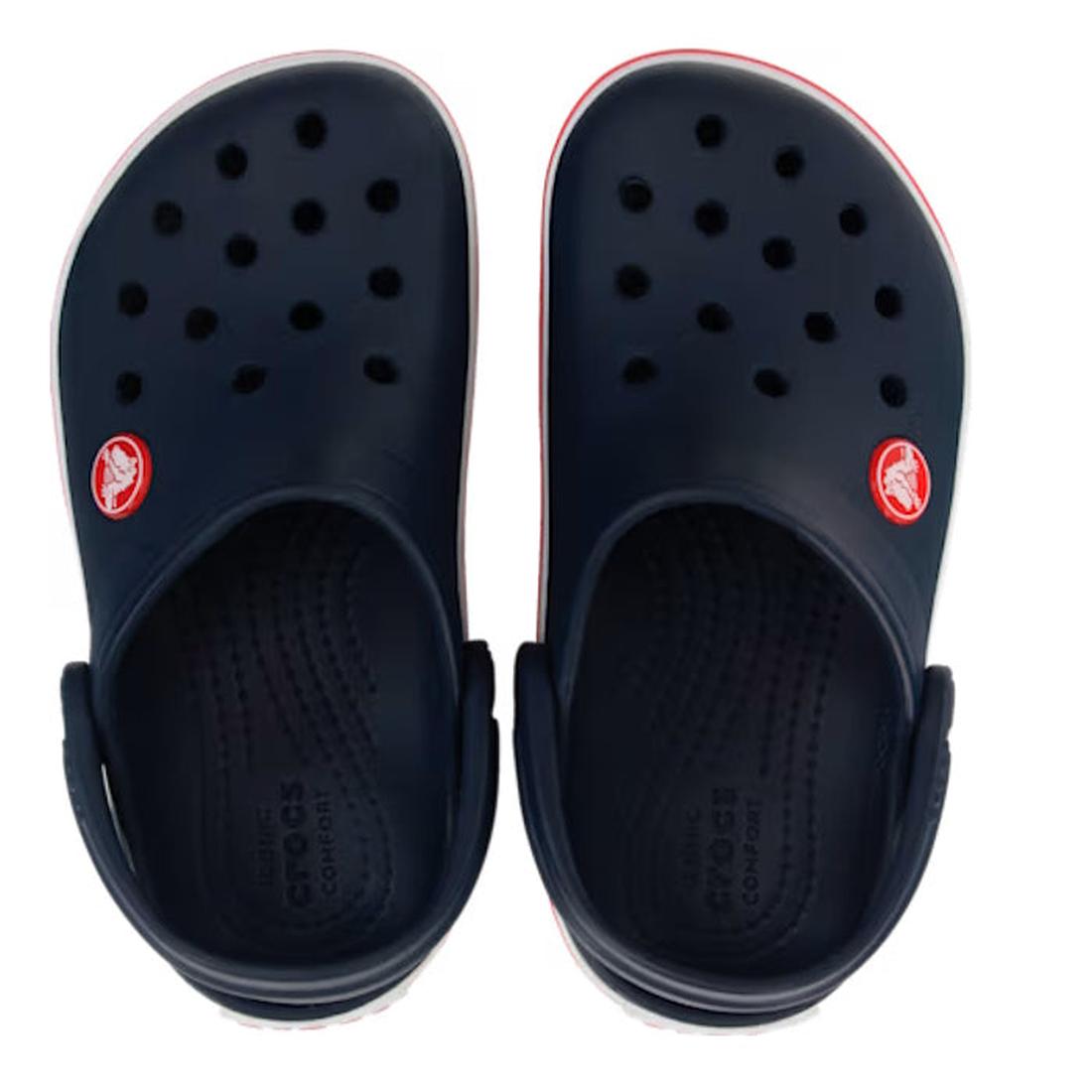 Top down view Navy blue Crocs Crocband clogs with red accents on a white background. shoes holes on the upper and red Crocs logo on the upper on the outer side of the foot.,
191448739390,
191448739406,
191448739413,
191448739420,
191448739437,
19144873944