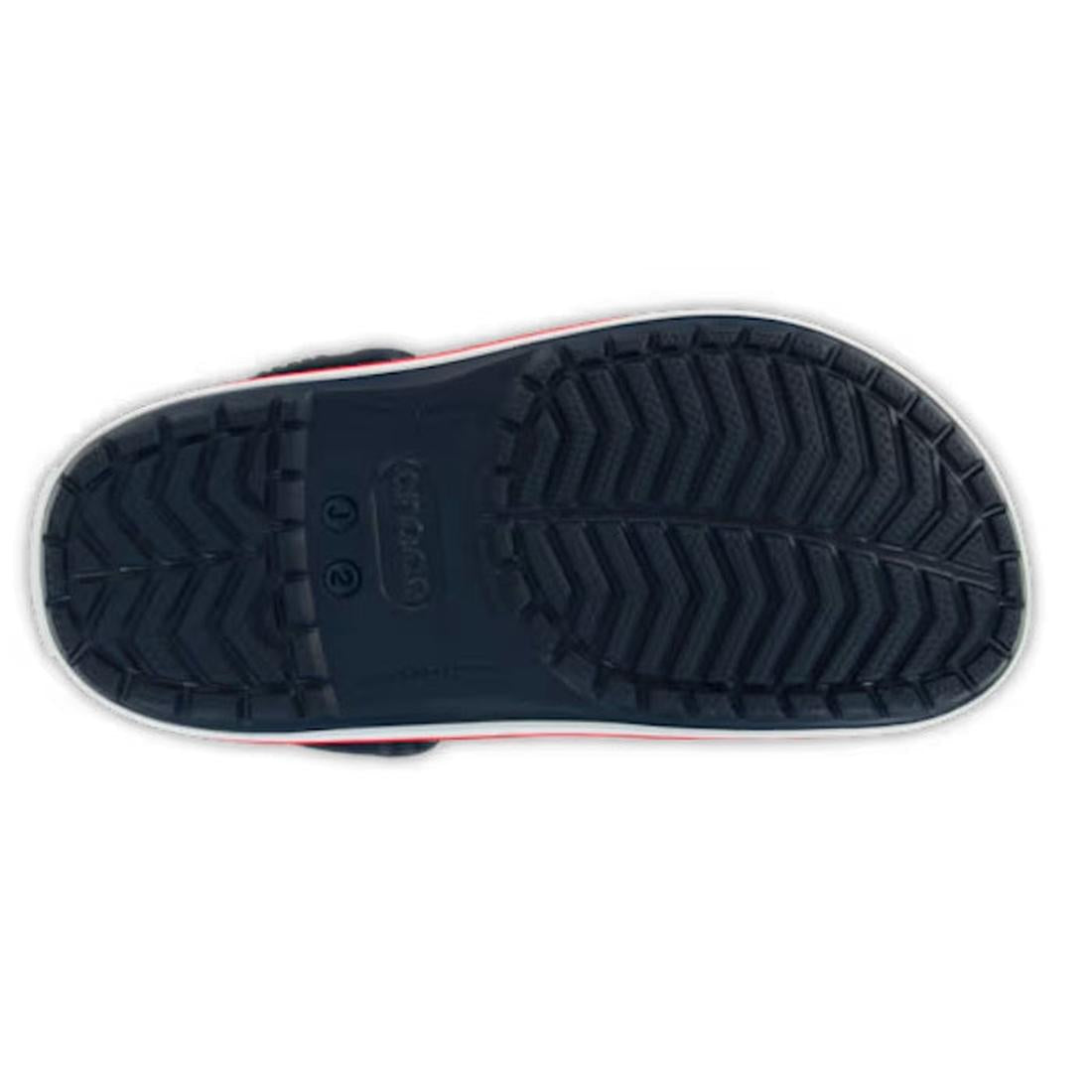 Close-up of a Navy Red Kids Crocs Crocband Sandal sole with a brand logo on a white background.,
191448739390,
191448739406,
191448739413,
191448739420,
191448739437,
191448739444,
191448739451,, 191448739390, 191448739406, 191448739413, 191448739420, 191