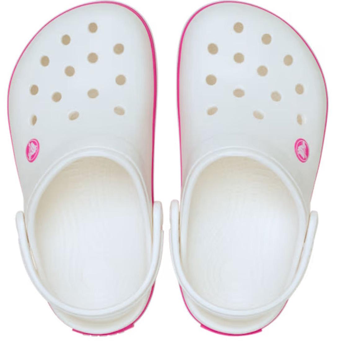 Top down view of kids Crocs Crocband White clogs with pink stripes around the sides and a pink crocs logo on the upper to the outer side of the foot on a white background.,
198445207457,
198445207464,
198445207471,
198445207488,
198445207495,
198445207501