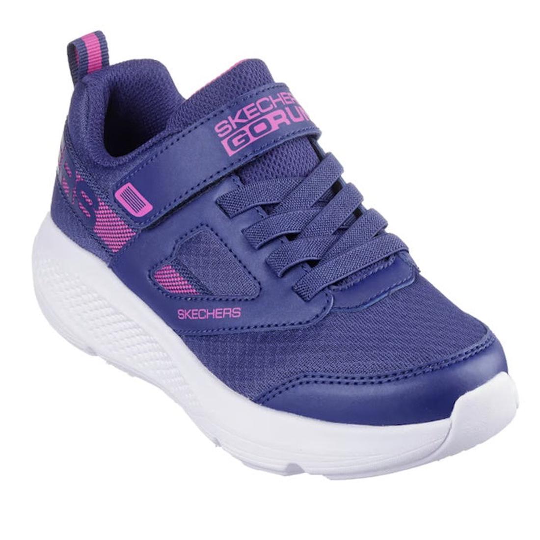 A navy Skechers Girls Youths Go Run Elevate Sporty Spectacular athletic shoe features a white sole, laces, Velcro strap, visible branding, and an Air-Cooled Goga Mat insole for added cushioning.