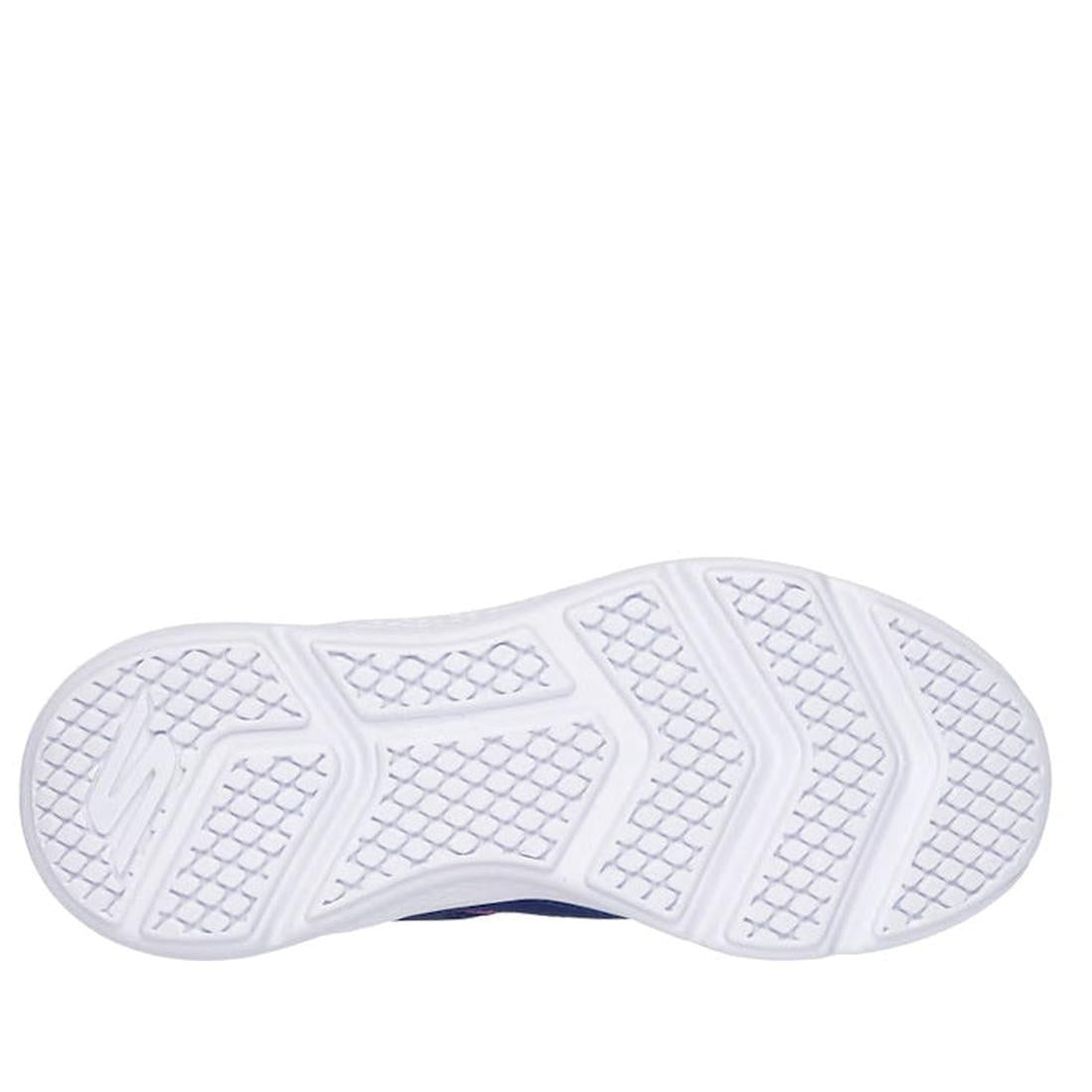 The image shows the white sole of the Skechers Girls Youths Go Run Elevate Sporty Spectacular Navy, featuring a zigzag textured pattern, crisscross grid design, and a logo near the heel that highlights Air-Cooled Goga Mat insole comfort., 197976310018, 19