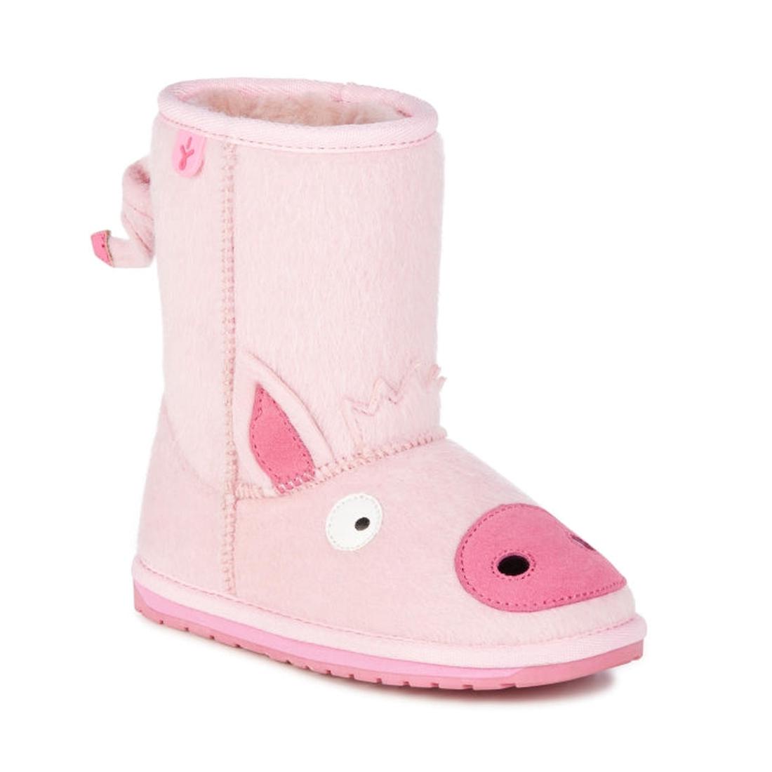 EMU NZ Kids Creatures Piggy Boot—pink kids’ boots with piggy face, snout, ears, cozy Merino wool lining, easy pull-on style.  ksnz