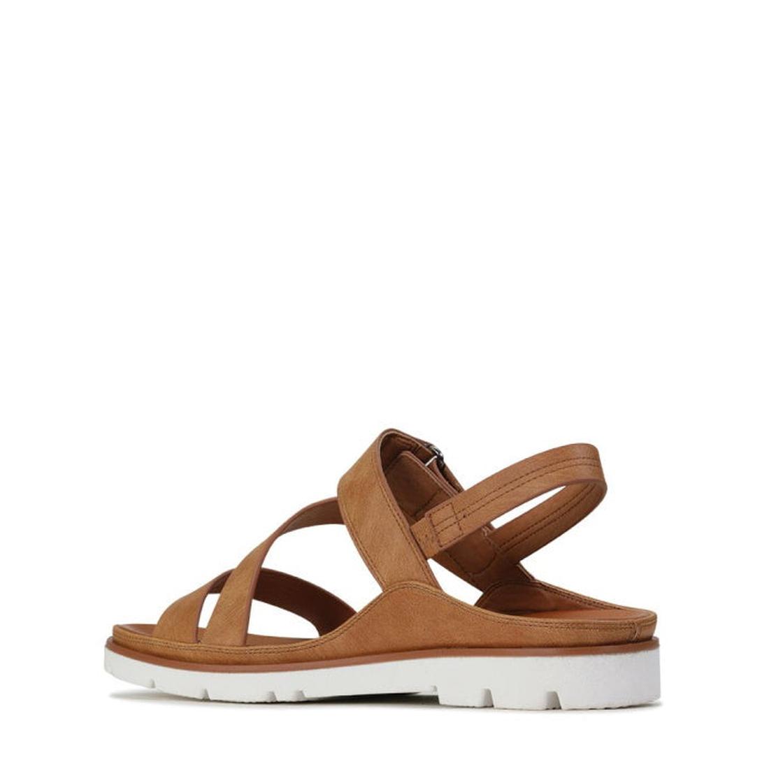 The Los Cabos Ashli Sandal With Back Strap Brandy Tan features a closed heel, open toe, thick white sole, and adjustable ankle strap in tan, shown side view on a plain white background., 9321191053097, 9321191053103, 9321191053110, 9321191053127, 93211910