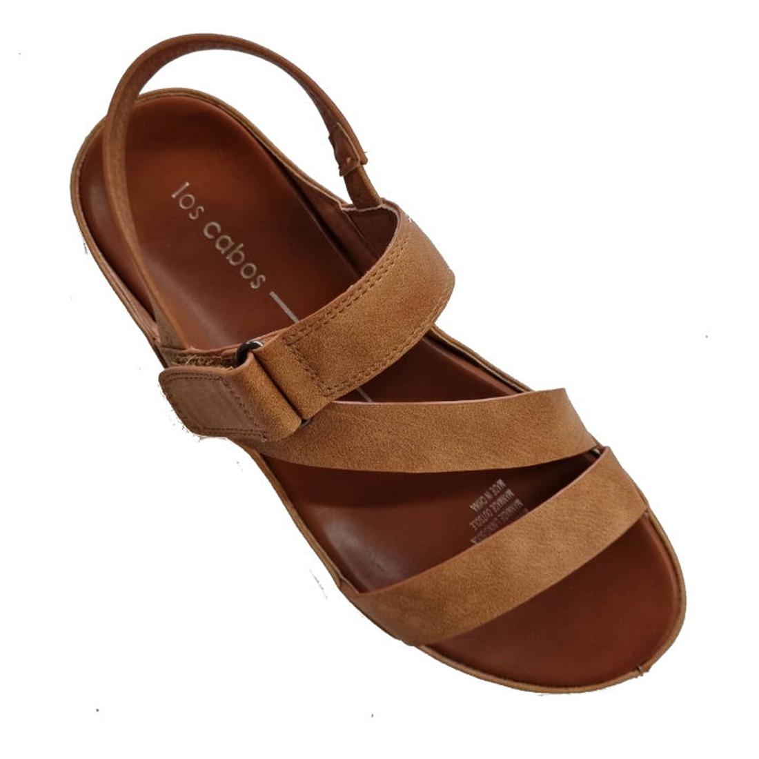 The Los Cabos Ashli Sandal With Back Strap in Brandy Tan is a brown women’s sandal with two front straps, a wide Velcro middle strap, and slingback heel. Comfortable slides shown on a white background., 9321191053097, 9321191053103, 9321191053110, 9321191