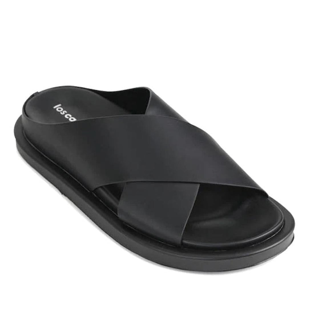 Black Los Cabos Alara sandal with criss-cross strap design on a white background. A top down view showing the support under the toes on the footbed.,
9321191150123,
9321191150130,
9321191150147,
9321191150154,
9321191150161,
9321191150178,
, 9321191150123