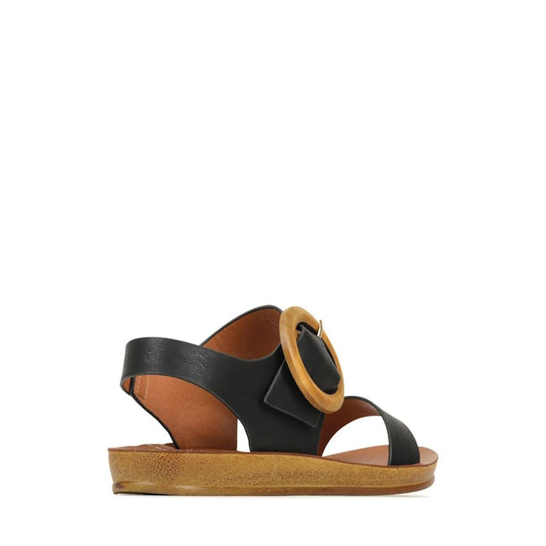 Los Cabos Damas Black Light Flexible Sandal: a comfy black sandal with flat tan sole, open toe, and wide strap with tan buckle.  ksnz