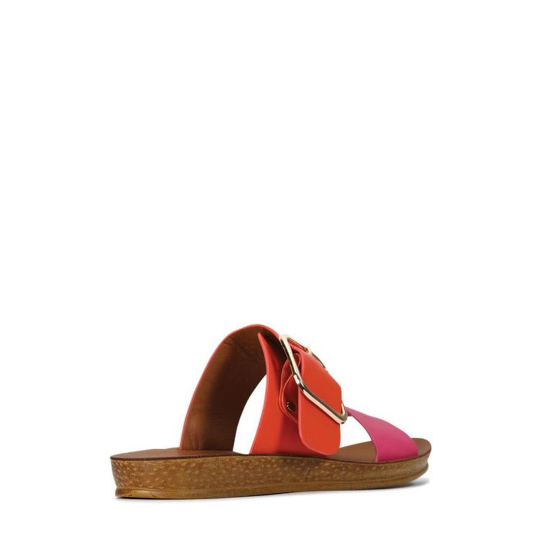 The Los Cabos Doti Pink/Orange Light Flexible Sandal features wide pink and orange straps, a large gold side buckle, and a flat textured brown sole. Ideal for women wanting comfort and style. Displayed on a plain white background., 9321191058962, 93211910