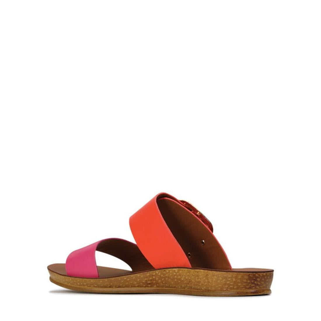 The Los Cabos Doti Pink/Orange Light Flexible Sandal features a cork-like sole and two wide straps—pink over the toes, orange over the midfoot—shown in side profile on a white background., 9321191058962, 9321191058979, 9321191058986, 9321191058993, 932119
