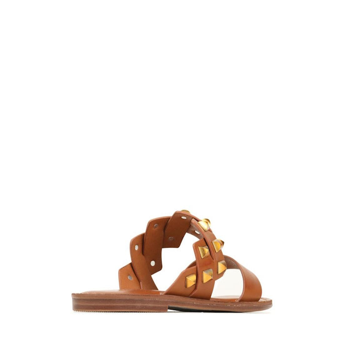Los Cabos Womens Slide Mail Brandy sandal: comfy brown slides with gold studded crisscross straps, easy slip-on style, white sole.  ksnz