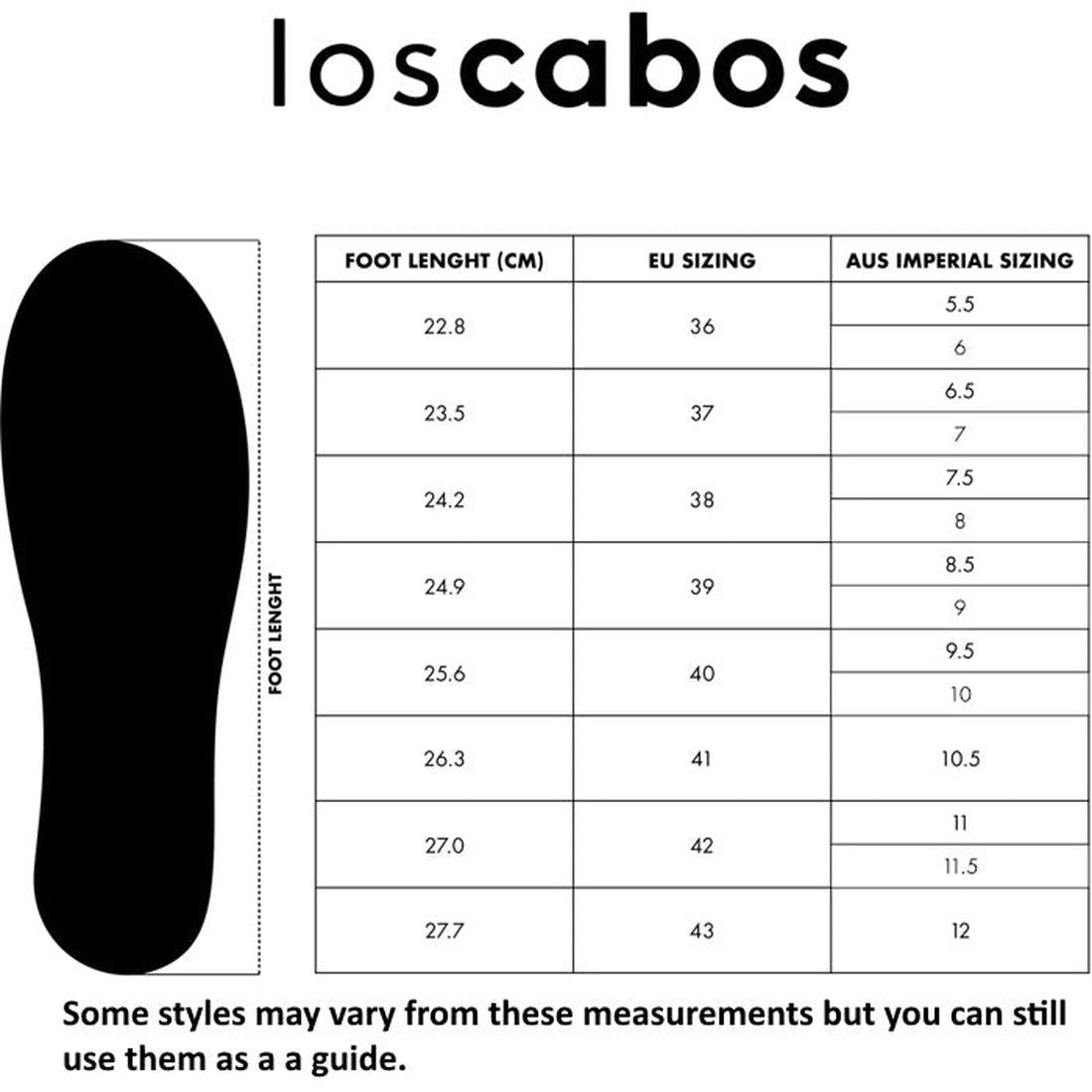 Sizing chart for Los Cabos Doti Black Light Flexible-Sandal shows foot length (cm), EU, and AUS sizes (5.5–12). Shoe silhouette on left; measurements may slightly vary by style. Ideal as your next summer or travel sandal!., 9321191045450, 9321191045467, 9