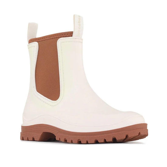 The Los Cabos Amelia Cream Ankle Rain Boot keeps feet dry with a white upper, brown elastic sides, pull tab, and sturdy treaded sole.  ksnz