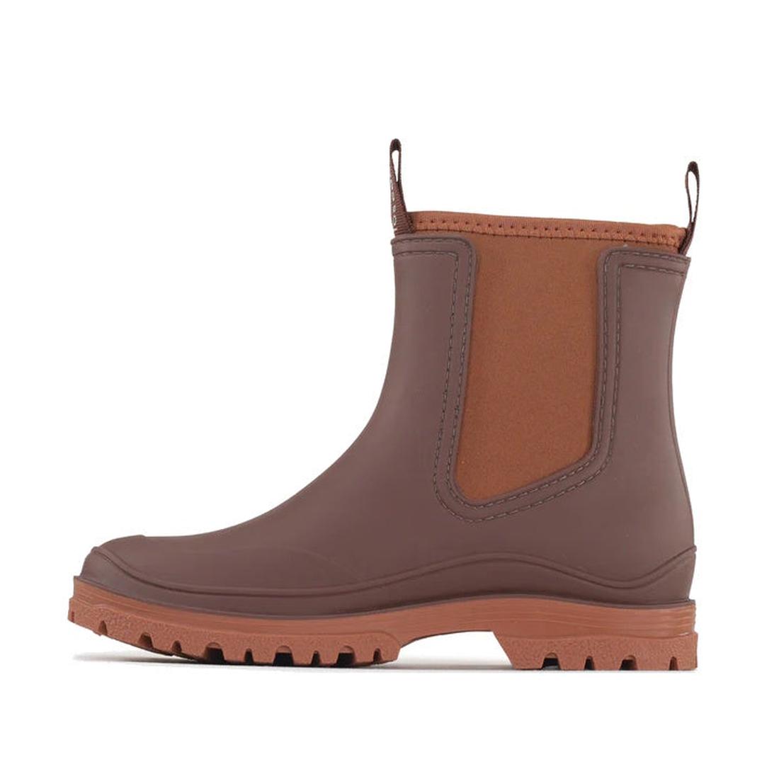 Side view of the Los Cabos Amelia Chocolate Ankle Rain Boot Waterproof, featuring brown color, tan elastic panel, front and back pull tabs, cozy neoprene lining, and a rugged sole., 50781, 9321190004915, 9321190004922, 9321190004939, 9321190004946, 932119
