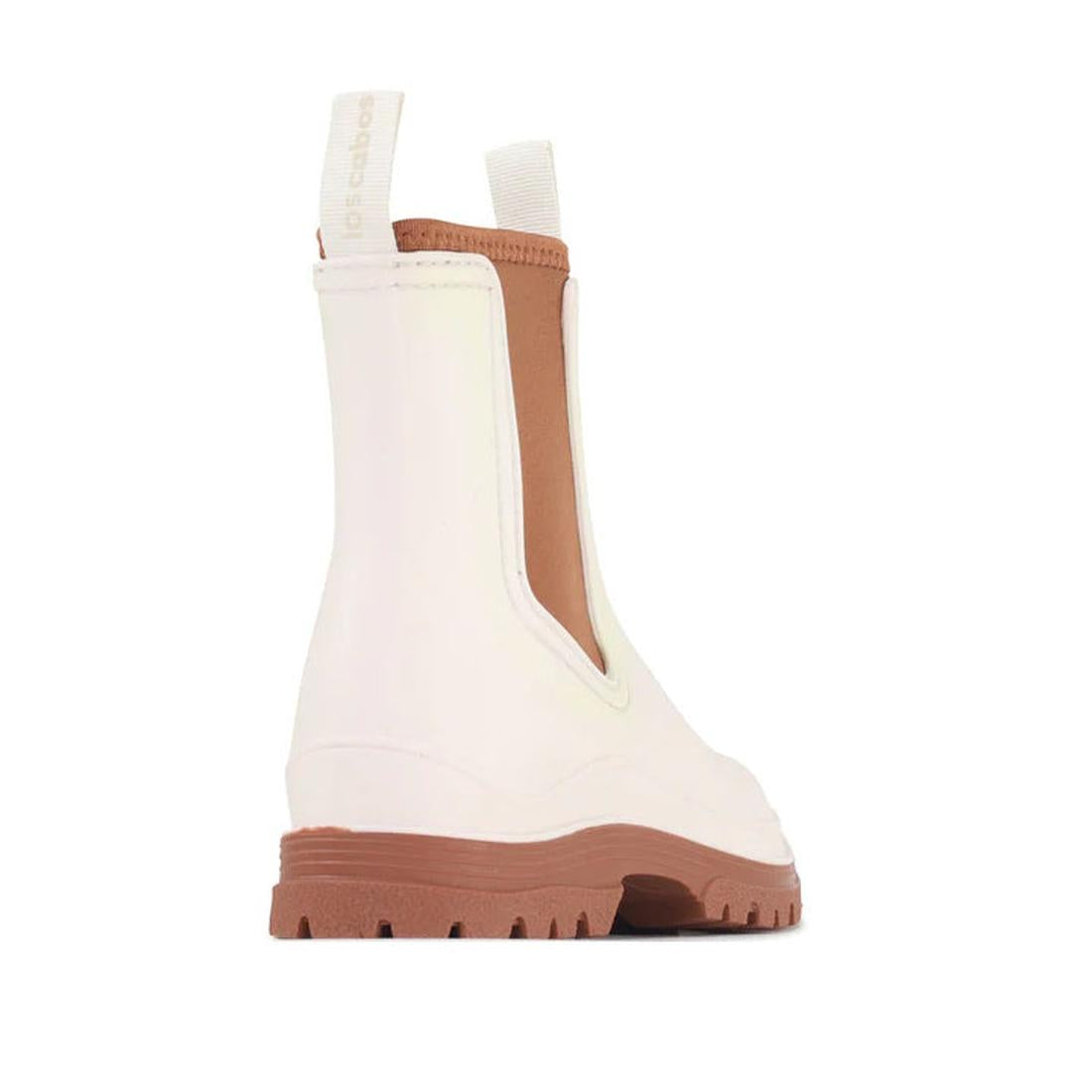 Los Cabos Amelia Cream Ankle Rain Boot has a cozy neoprene lining, cream upper with brown elastic sides, and sturdy rubber sole.  ksnz, 9321190004977, 9321190004984, 9321190004991, 9321190005004, 9321190005011, 9321190005028, 50794