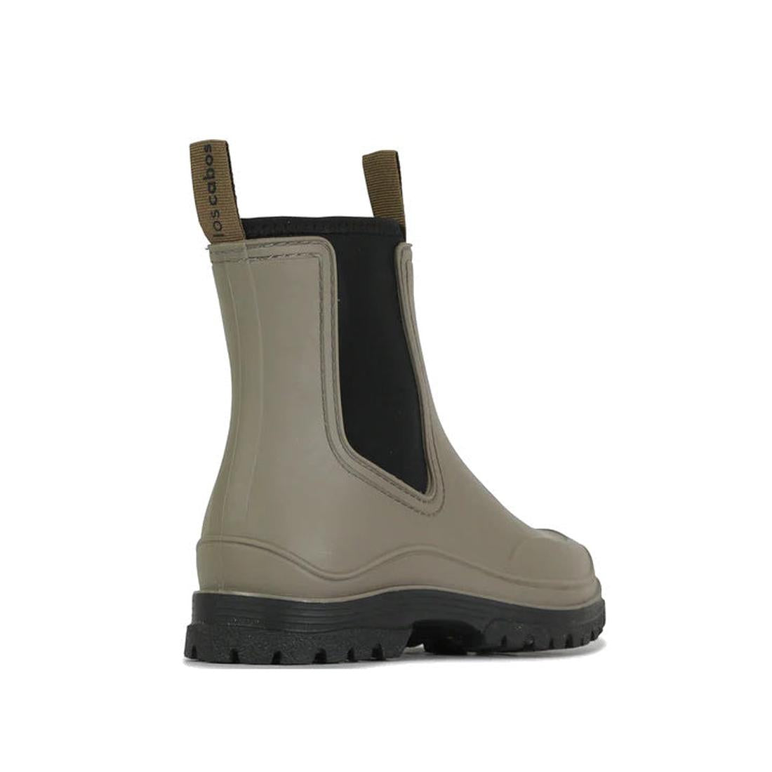 The Los Cabos Amelia Khaki Ankle Rain Boot is a cozy waterproof boot in khaki with easy black side panels and a sturdy rubber sole.  ksnz, 9321191166711, 9321191166728, 9321191166735, 9321191166742, 9321191166759, 9321191166766