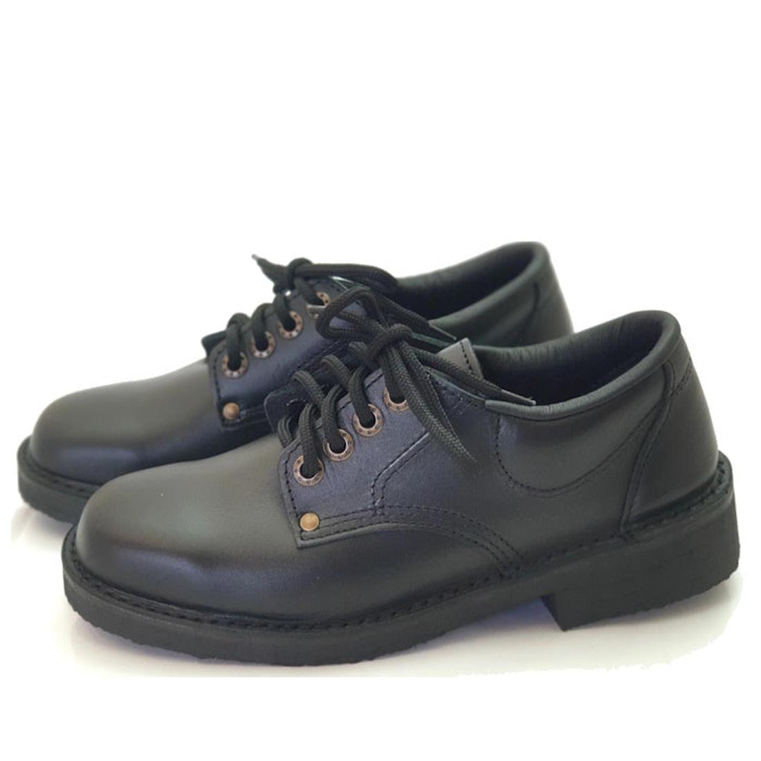 The McKinlays Black Lace Up School Shoe Jill is a pair of black leather lace-up shoes with thick soles and grey stitching, shown on a white background and available in US women's sizes.