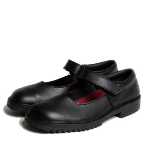 The Mckinlays Molly Girls School Shoe in black leather features rounded toes, low heels, and a single Velcro strap. Orthotic friendly for all-day comfort, these Mary Jane shoes are displayed against a white background.
