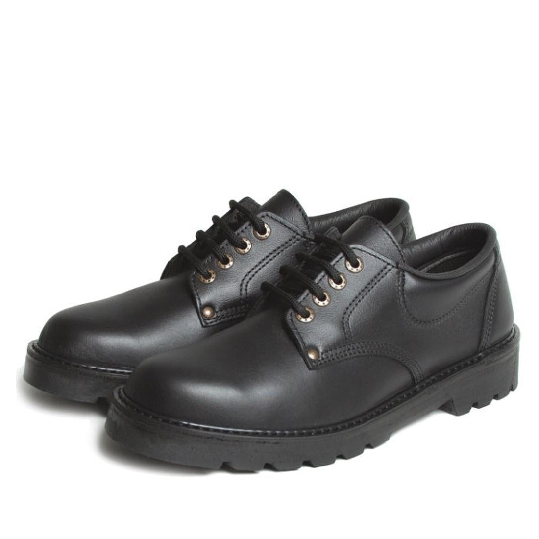 A pair of McKinlays Delta Senior School Shoe Black leather for big kids, wide fit with sturdy chunky rubber soles, sits side by side on a white background.