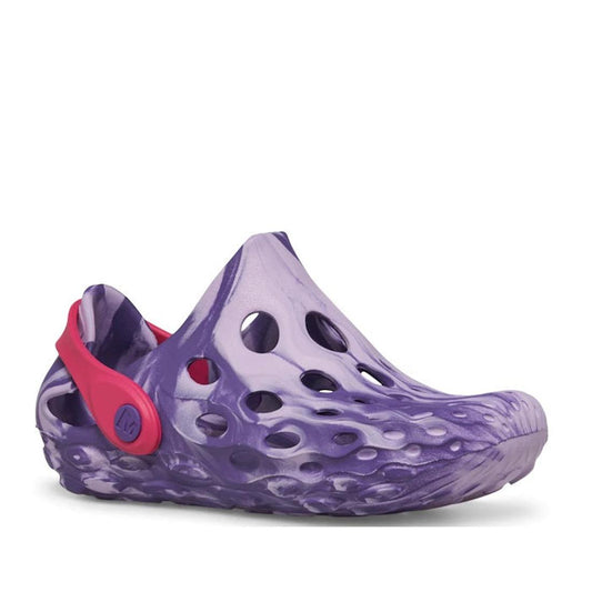 The Merrell Kids Youths Hydro Moc Sandal Clog Purple Orchid is a comfy, purple kids sandal with sturdy sole and easy pink heel strap.  ksnz
