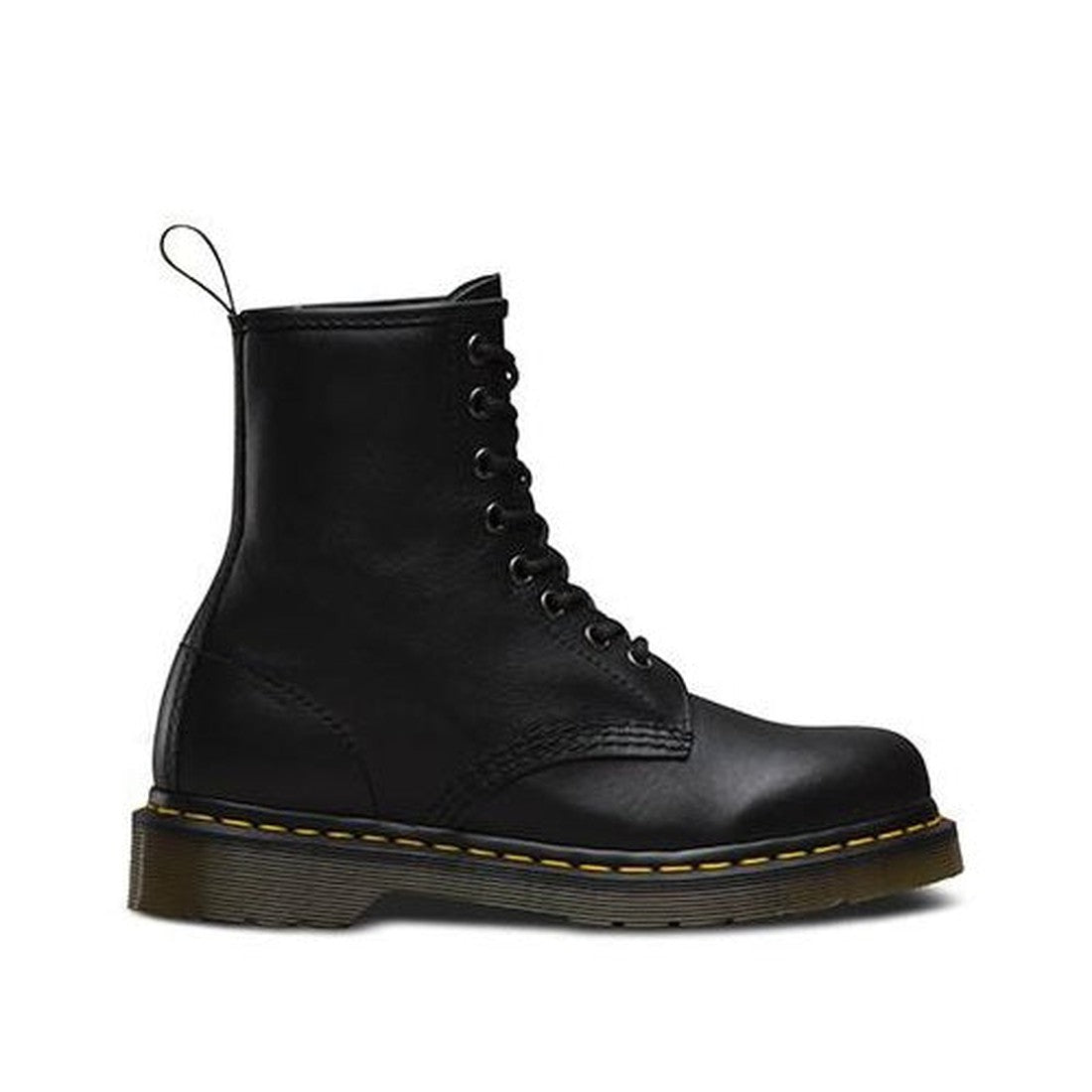 The Dr. Martens - 1460 Black Nappa Leather Boot for men and women features black lace-up style, thick sole, yellow stitching, and back pull tab—a classic edgy staple available in Hamilton NZ., 800090829310, 800090829334, 800090829341, 800090829358, 800090