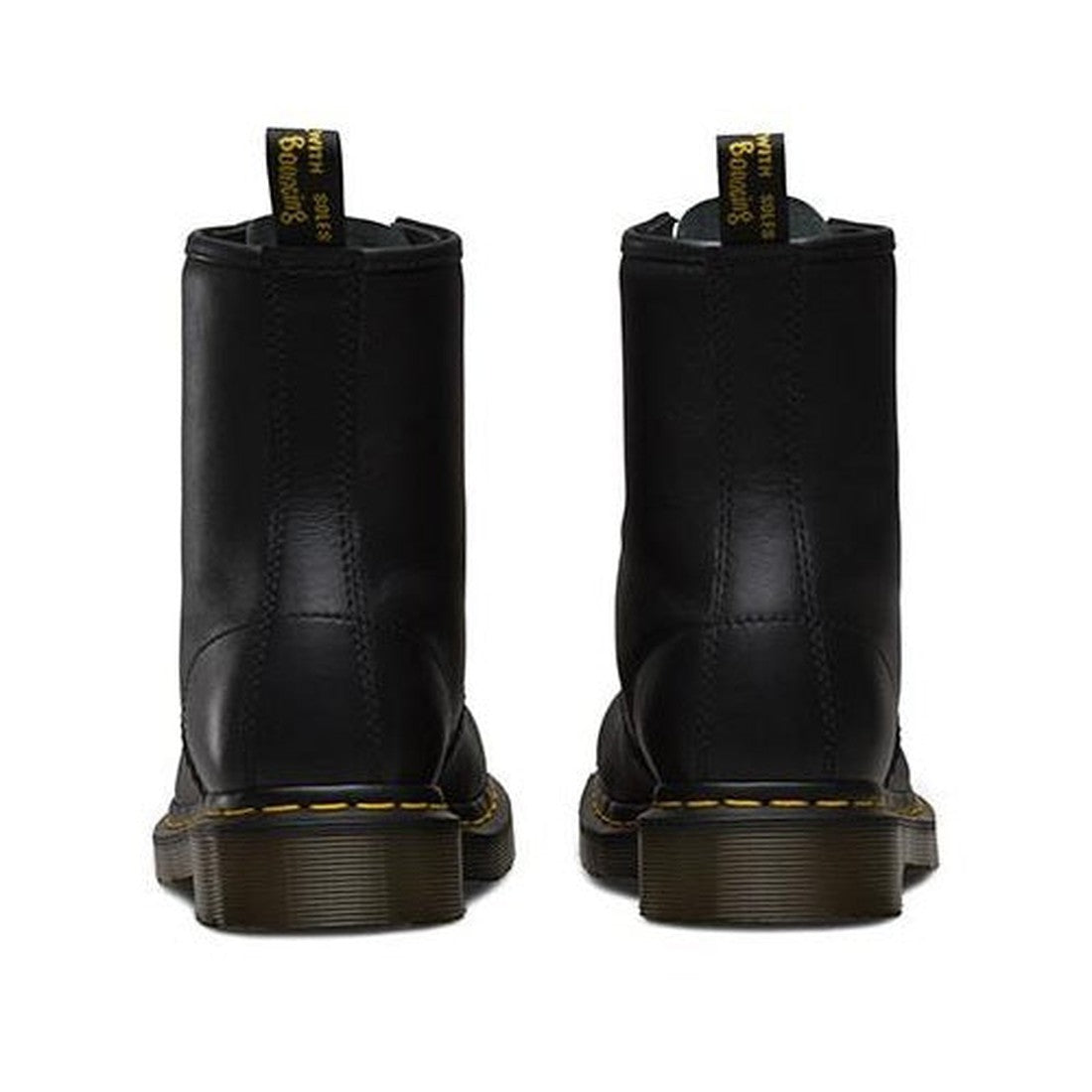 Back view of Dr Martens - 1460 Black Nappa Leather Boot Mens & Womens with yellow stitching and branded pull tabs, showcasing heels and soles—a classic choice for style in Hamilton, NZ., 800090829310, 800090829334, 800090829341, 800090829358, 800090829365