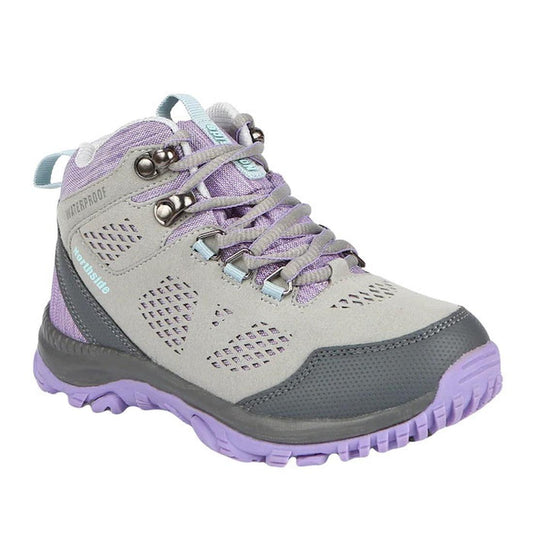 Northside Benton Kids Mid WP Boot in Grey Lilac, with a sturdy sole, waterproof build, purple laces, and breathable mesh panels.  ksnz