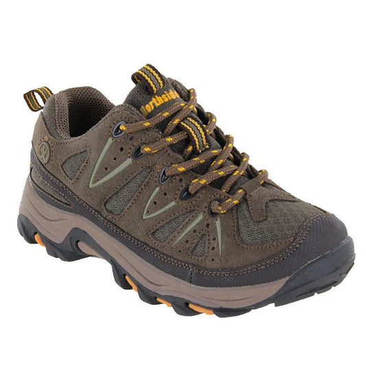 Northside Cheyenne Low Kids Hiker in taupe—comfy kids’ hikers in brown/olive, grippy black sole, mesh/suede, easy yellow-striped lace.  ksnz