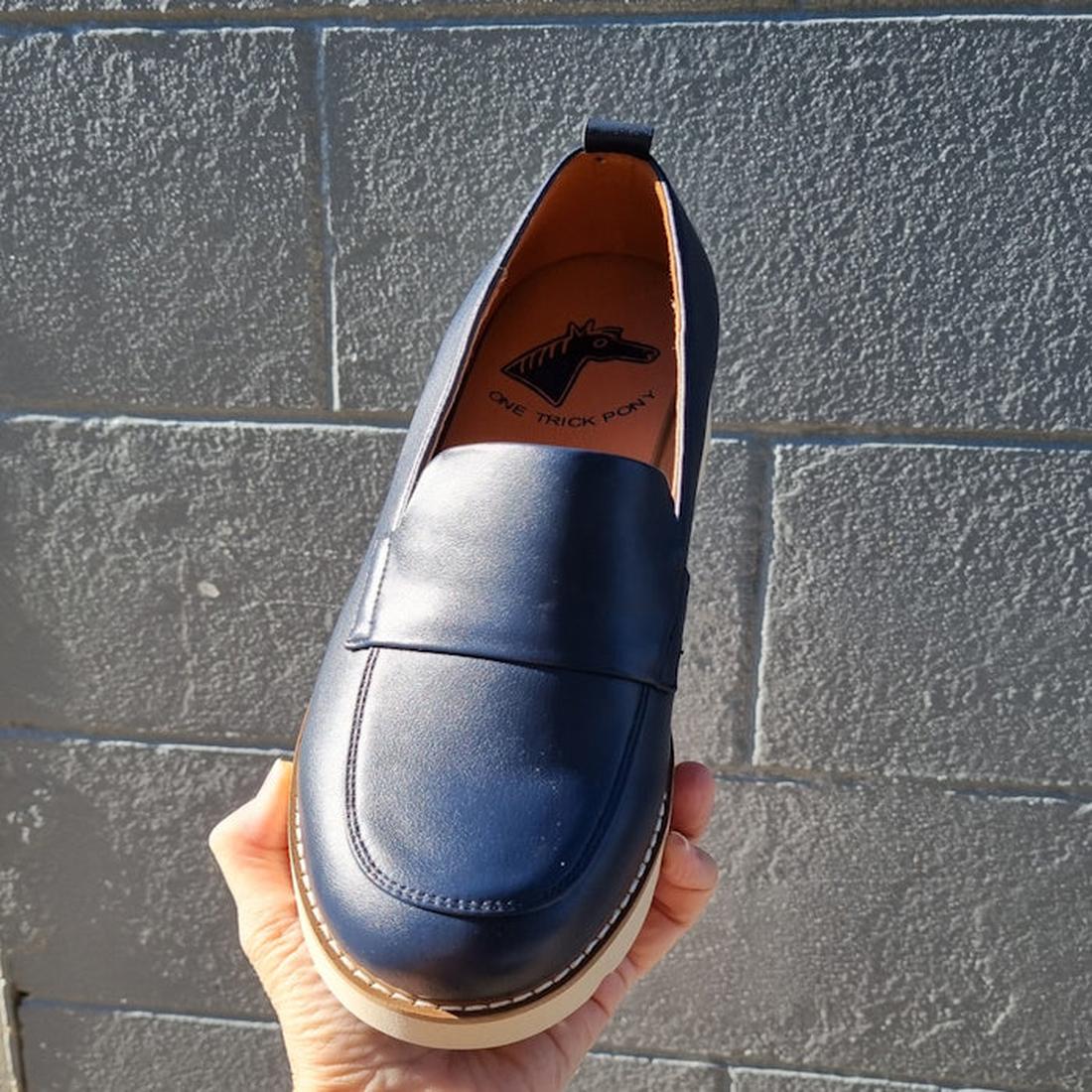 The One Trick Pony Newness Navy Leather Women’s Chunky Loafer, featuring a tan lining, sturdy sole, and easy slip-on style.  ksnz, 44049, 44050, 44051, 44052, 44053, 44054, 44055
